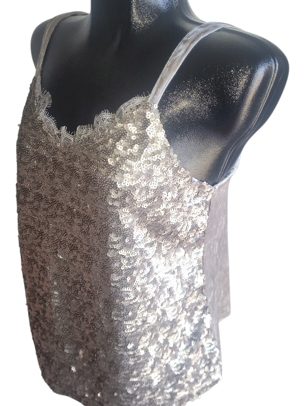 Cupio Silver Sequin Lace Trim Camisole Tank Top Size M - Picture 3 of 5